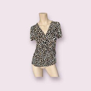 Cable & Gauge Top Leopard Animal Print Size Large Stretch Knit Twist Bust Shirt